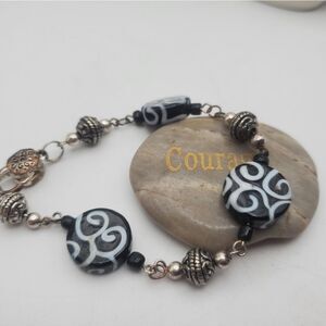 Silver zebra patterned disc bracelet animal‎ print jewelry